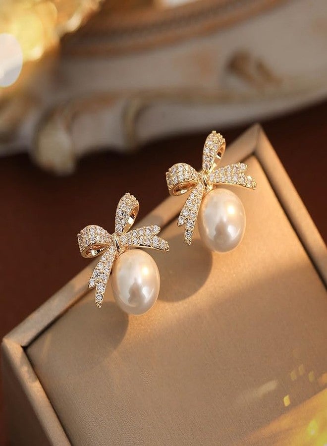 PLwelth Gold Bow Pearl Earrings for Women Sparkle Rhinestone Bow Stud Earrings Cute Bowknot Statement Wedding Earring Hypoallergenic Jewelry Gifts for Her Valentine’s Day Christmas Birthday - Image 2